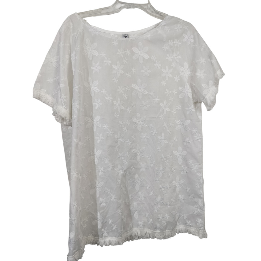 3260) Flycurvy Off White Floral Embroidery Fringe Short Sleeve Tunic Top Size XL